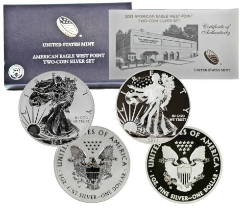2013 W REVERSE PROOF /& ENHANCED SILVER EAGLE 2 COIN WEST POINT SET WITH BOX//COA