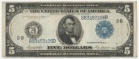 1914 $5.00 Federal Reserve Note - Large Type - Fine