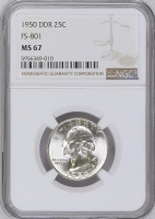 1950 Washington Silver Quarter Coin - FS-801 DDR - NGC MS-67 Top Pop