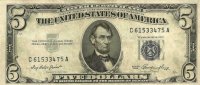 1953 $5.00 U.S. Silver Certificate Note - Blue Seal - About Uncirculated