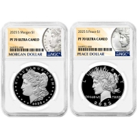 2025-S Proof Morgan and Peace Silver Dollar 2 Pc Set - NGC PF-70 - Morgan and Peace Dollar Label 