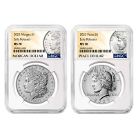 2023 Morgan and Peace Silver Dollar 2 Pc Set - NGC MS-70 Early Releases - Morgan and Peace Dollar Label