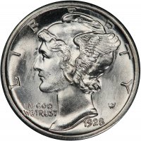 1928-S Mercury Silver Dime Coin - Choice BU