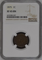 1875 Indian Head Cent Coin - NGC XF-45 Brown