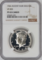 1964 90% Silver Proof Kennedy Half Dollar Coin - Accent Hair DDO - NGC PF-65 Cameo VP-003 - Top Pop!