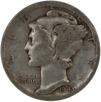 1943-D Mercury Silver Dime Coin - Cud Mint Error Coin - Fine