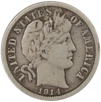 1914 Barber Silver Dime Coin - Fine to Very Fine