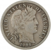 1909 Barber Silver Dime Coin - Fine to Very Fine