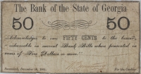 Scarce 1861 The Bank of the State of Georgia - Savannah - 50 Fifty Cent Obsolete Note - Very Good