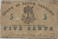 Scarce June 1862 State of South Carolina Obsolete Note - Five Cents - Circulated