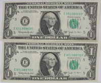 1963B $1.00 Federal Reserve Barr Note - 2 Consecutive Serial Numbers - Crisp Uncirculated