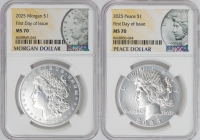 2025 Morgan and Peace Silver Dollar 2 Pc Set - NGC MS-70 First Day of Issue - Morgan and Peace Dollar Label