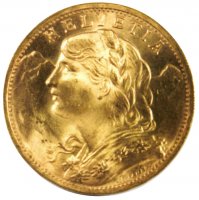 1897-1949 Swiss 20 Francs Helvetia Gold Coin - Random Date - Brilliant Uncirculated