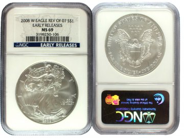 2008-W Reverse of 2007 1 oz American Burnished Silver Eagle Coin - NGC MS-69 Early Releases - Scarce!