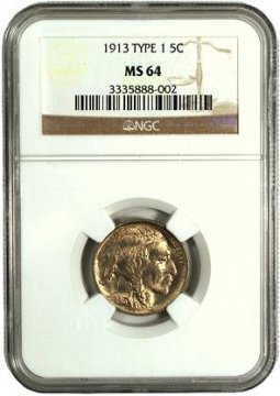 1913 Buffalo Nickel Coin - Type 1 - NGC/PCGS Certified MS-64