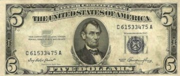 1953 $5.00 U.S. Silver Certificate Note - Blue Seal - Extremely Fine