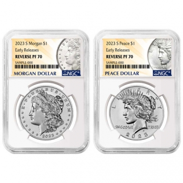 2023 Reverse Proof Morgan and Peace Silver Dollar 2 Pc Set - NGC PF-70 Early Releases - Morgan and Peace Dollar Label