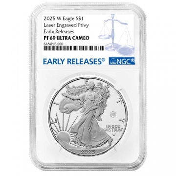 2025-W 1 oz Proof American Silver Eagle Coin - Laser Engraved with Laser Privy - NGC PF-69 Ultra Cameo Early Releases