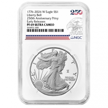 2026-W 1 oz Proof American Silver Eagle Coin - Dual Date 250th Anniversary Privy - NGC PF-69 Ultra Cameo Early Release - 250th Anniversary Eagle Label