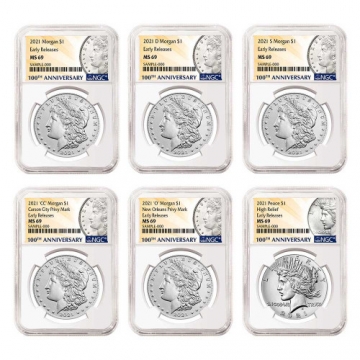 2021 Morgan and Peace Silver Dollar 6 Pc Set - NGC MS-69 Early Release - 100th Anniversary Label