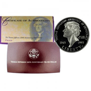1993 Thomas Jefferson Commemorative Silver Dollar Coin (Proof)