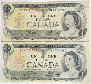 Lot of 2 1973 Bank of Canada $1.00 Note - Fine to Very Fine