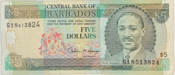 Central Bank of Barbados - $5.00 Five Dollars - Sir Frank Worrell - Very Fine