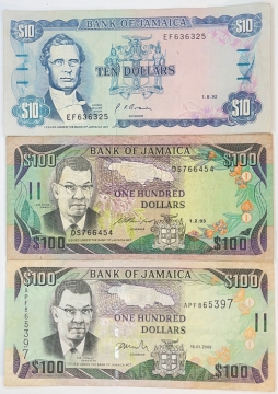 Lot of 3 Bank of Jamaica Notes - $10, $100, $100 - Nice Circulated Condition