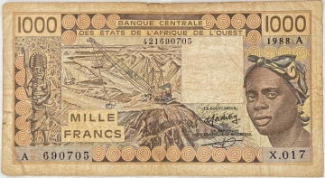 1988 Banque Centrale Des Etats De L'Afrique de L'Ouest - 1000 Francs - Average Circ