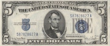 1934 $5.00 U.S. Silver Certificate Note - Blue Seal - Crisp Uncirculated
