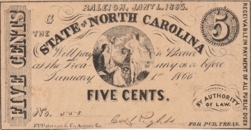 1863 State of North Carolina Obsolete Bank Note - $.05 Five Cents - Crisp Uncirculated
