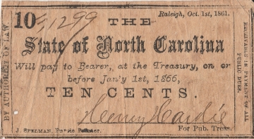 1861 State of North Carolina Obsolete Bank Note - $.10 Ten Cents - Fine or Better