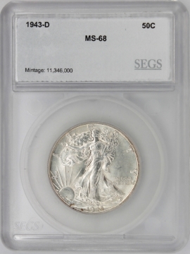 1943-D Walking Liberty Silver Half Dollar Coin - SEGS MS-68