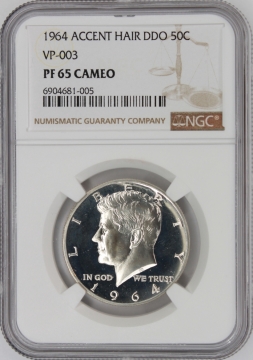 1964 90% Silver Proof Kennedy Half Dollar Coin - Accent Hair DDO - NGC PF-65 Cameo VP-003 - Top Pop!