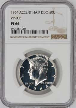 1964 90% Silver Proof Kennedy Half Dollar Coin - Accent Hair DDO - NGC PF-66 VP-003