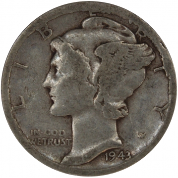 1943-D Mercury Silver Dime Coin - Cud Mint Error Coin - Fine