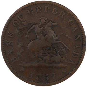 1857 Bank of Upper Canada Large Cent Coin - Fine or Better - Blended Rev. Scratch