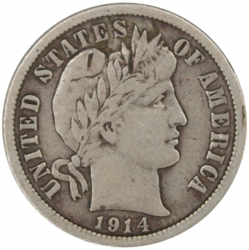 1914 Barber Silver Dime Coin - Fine to Very Fine