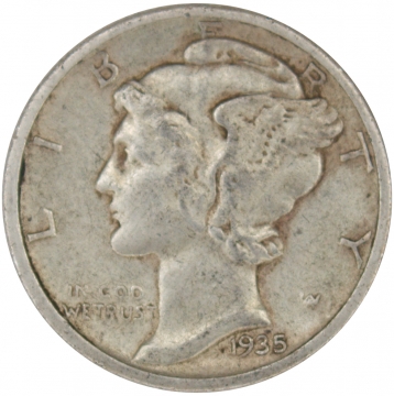 1935-D Mercury Silver Dime Coin - Extremely Fine