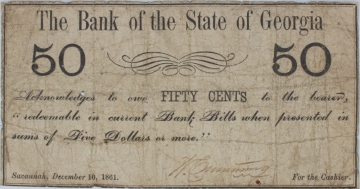 Scarce 1861 The Bank of the State of Georgia - Savannah - 50 Fifty Cent Obsolete Note - Very Good