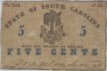 Scarce June 1862 State of South Carolina Obsolete Note - Five Cents - Circulated