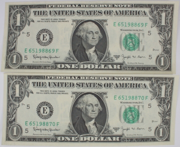 1963B $1.00 Federal Reserve Barr Note - 2 Consecutive Serial Numbers - Crisp Uncirculated