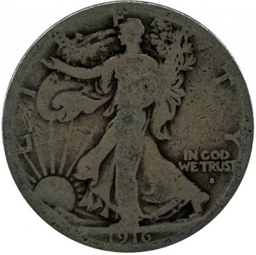 1916-S Walking Liberty Silver Half Dollar Coin - Good