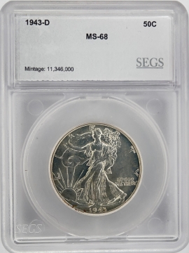 1943-D Walking Liberty Silver Half Dollar Coin - SEGS MS-68
