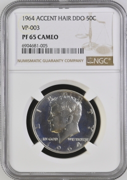 1964 90% Silver Proof Kennedy Half Dollar Coin - Accent Hair DDO - NGC PF-65 Cameo VP-003 - Top Pop!