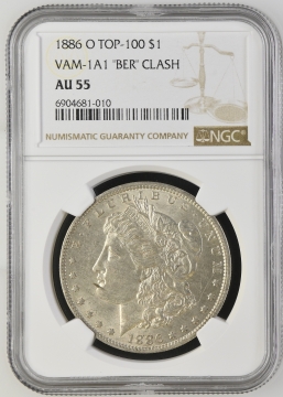 1886-O Morgan Silver Dollar Coin - VAM 1A1 "BER" Clash NGC AU-55