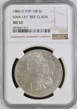 1886-O Morgan Silver Dollar Coin - VAM 1A1 "BER" Clash NGC AU-53