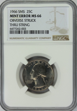 1966 SMS Washington Quarter Coin NGC Mint Error MS-66 Obverse Struck Thru String