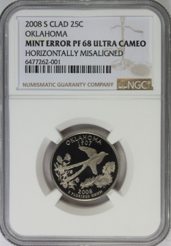 2008-S Oklahoma Quarter Coin- Horizontally Misaligned - NGC Mint Error PF-68 UC