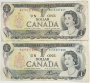Lot of 2 1973 Bank of Canada $1.00 Note - Fine to Very Fine